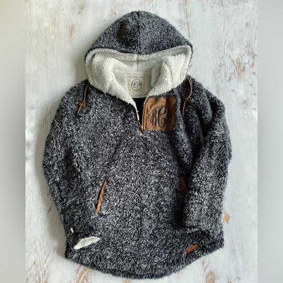 MARLEYLILLY Gray & White Sherpa with Brown Suede Detail, Oversized Hoodie - Picture 2 of 11